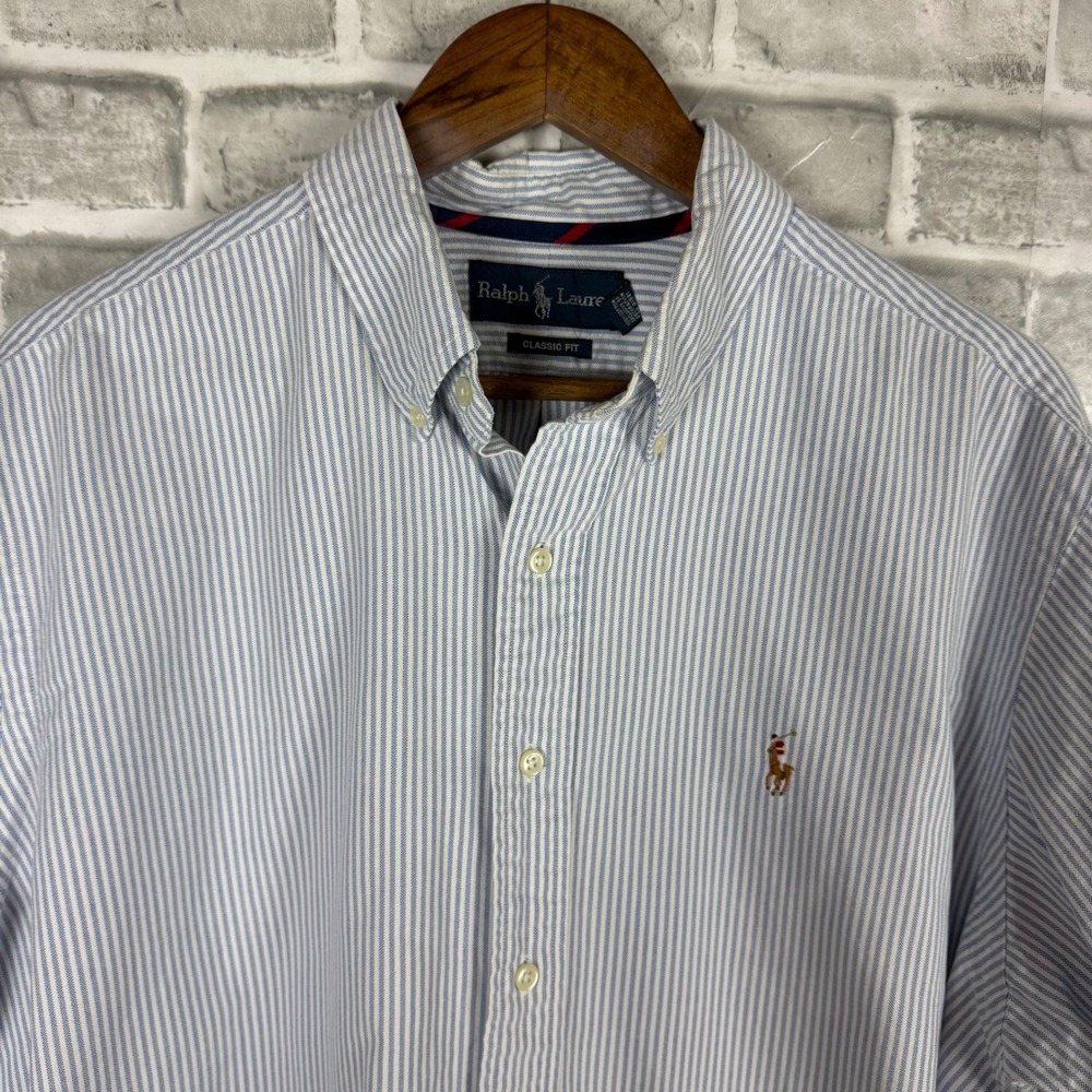 Ralph Lauren Men XL Classic Fit Nautical Blue White Striped Button Down Shirt LS